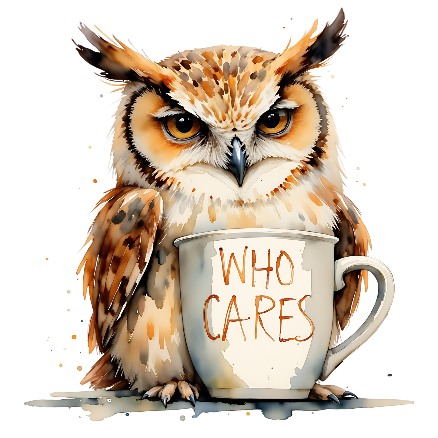 Grumpy Owl Holding 'Who Cares' Latte Mug | Ceramic Coffee Cup