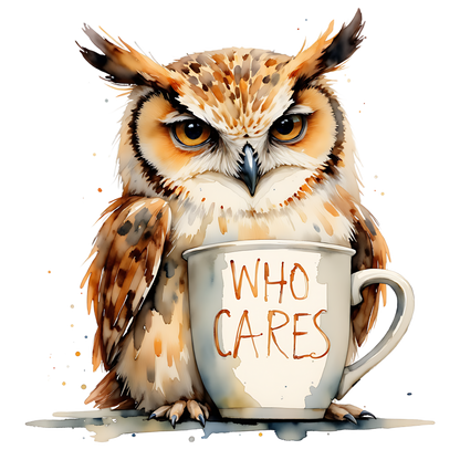 Grumpy Owl Holding 'Who Cares' Latte Mug | Ceramic Coffee Cup
