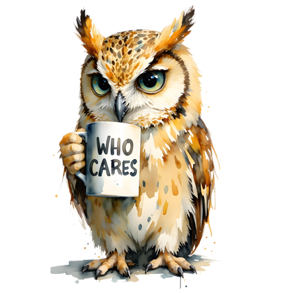 Latte Mug — Cute Grumpy Owl Holding “Who Cares” Coffee Cup