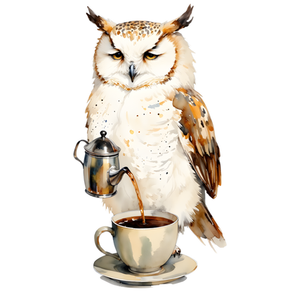 Latte Mug — Owl Pouring Coffee with Script Quote | Cute Coffee Lover Gift