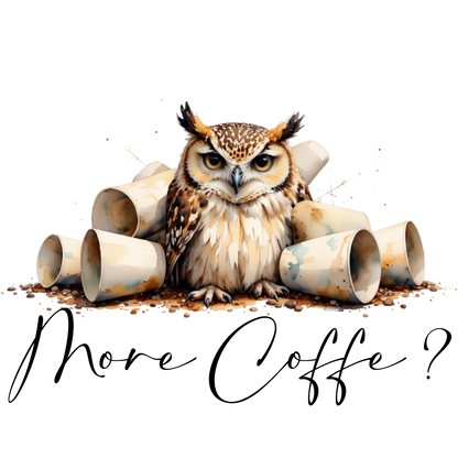 Latte Mug — 'More Coffee' Owl Illustration Ceramic Latte Cup