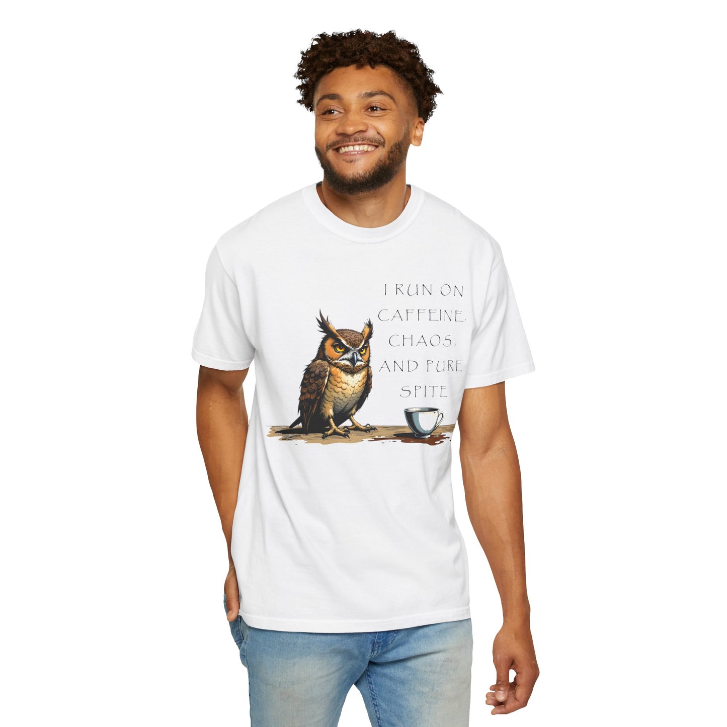 Owl & Coffee T‑Shirt — "I Run On Caffeine, Chaos, And Pure Spite" Graphic Tee