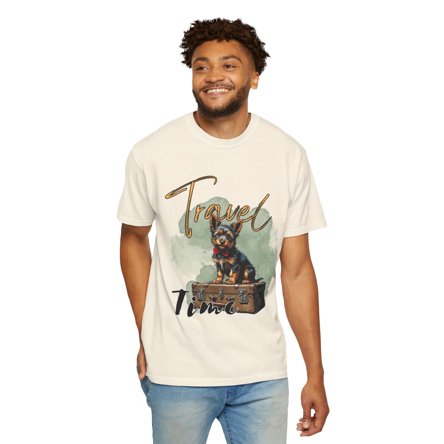 Travel Time Unisex Garment-Dyed T-Shirt with Dog Design