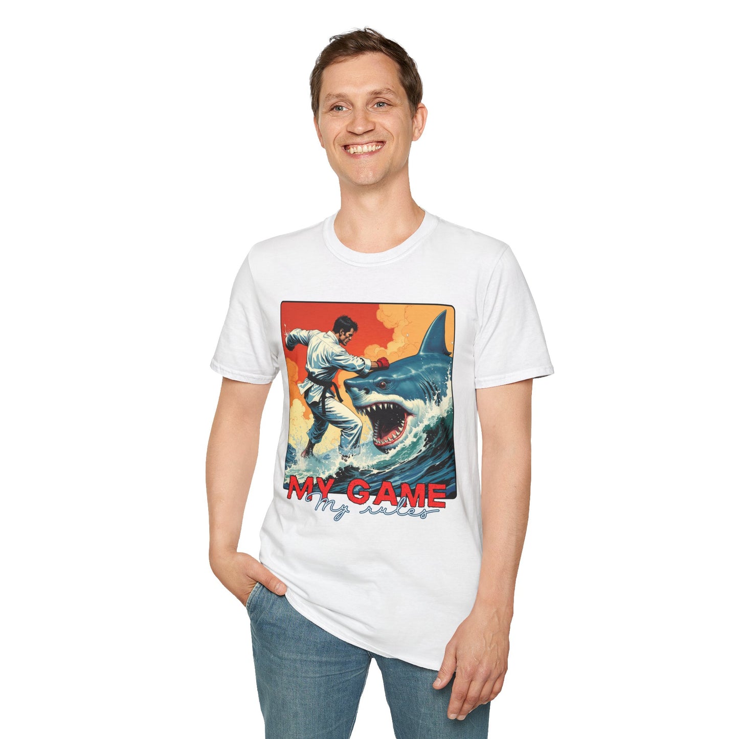 My Game Unisex Softstyle T-Shirt - Retro Shark Design Tee for Adventure Lovers, karate,sport