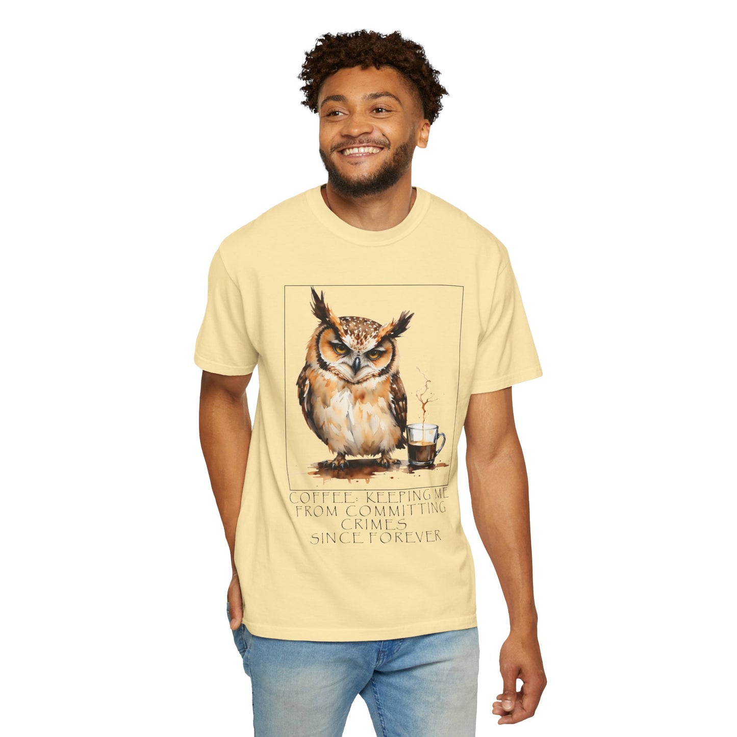 Owl Coffee Illustration T‑Shirt — 'Coffee First, Commit Later' Graphic Tee