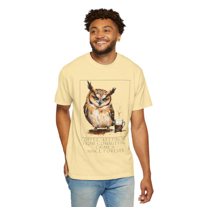 Owl Coffee Illustration T‑Shirt — 'Coffee First, Commit Later' Graphic Tee