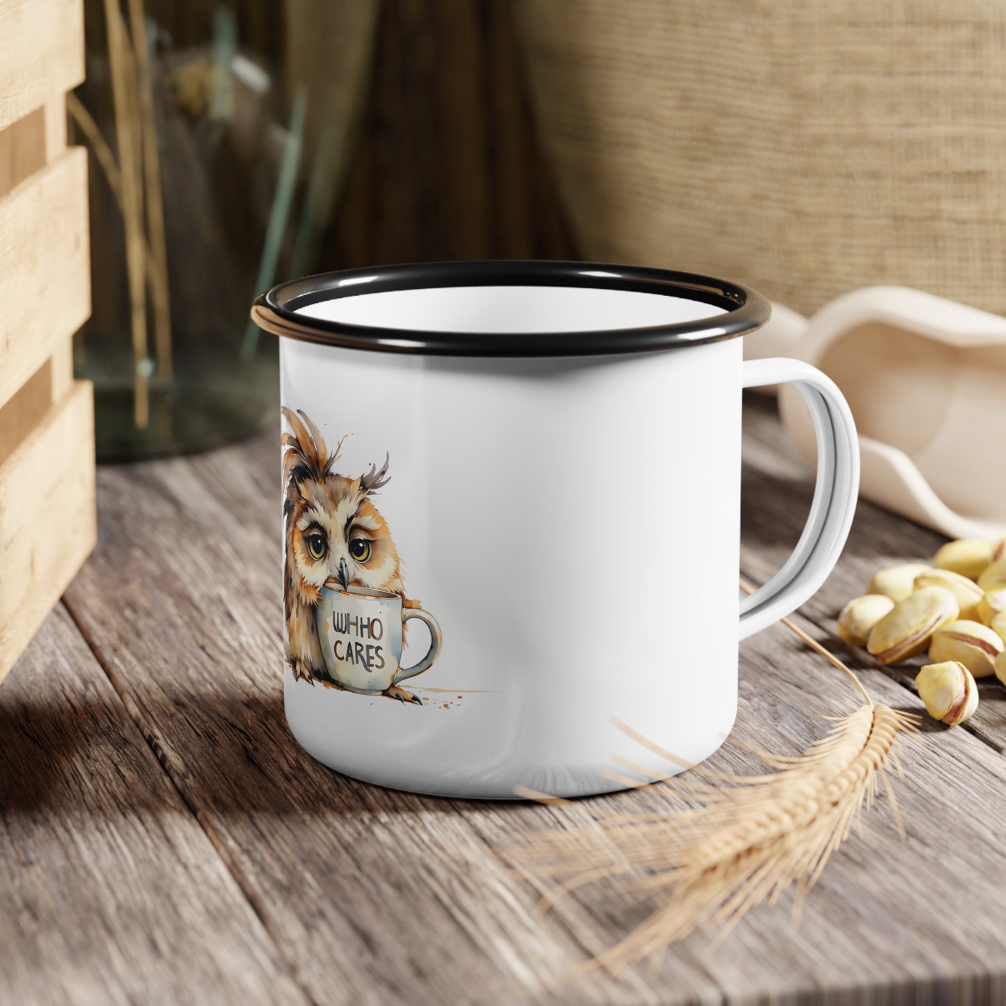 Grumpy Owl Holding Mug Enamel Camp Cup | Who Cares Coffee Illustration