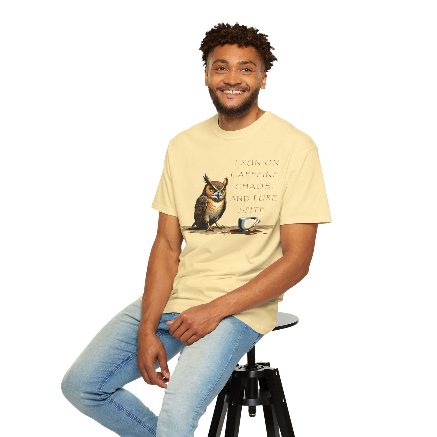 Owl & Coffee T‑Shirt — "I Run On Caffeine, Chaos, And Pure Spite" Graphic Tee