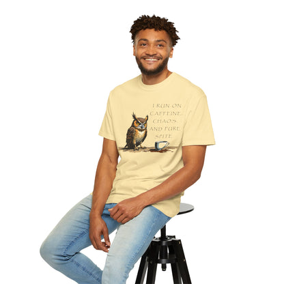 Owl & Coffee T‑Shirt — "I Run On Caffeine, Chaos, And Pure Spite" Graphic Tee