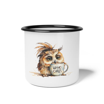 Grumpy Owl Holding Mug Enamel Camp Cup | Who Cares Coffee Illustration