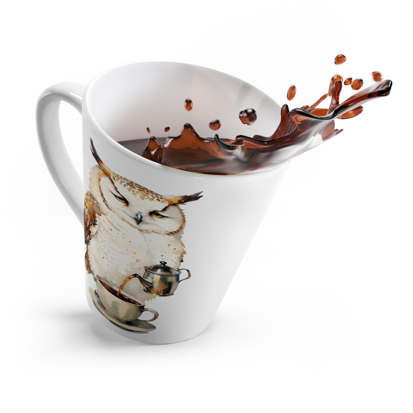 Latte Mug — Owl Pouring Coffee with Script Quote | Cute Coffee Lover Gift