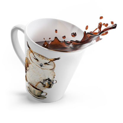 Latte Mug — Owl Pouring Coffee with Script Quote | Cute Coffee Lover Gift