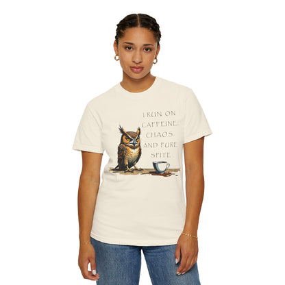 Owl & Coffee T‑Shirt — "I Run On Caffeine, Chaos, And Pure Spite" Graphic Tee
