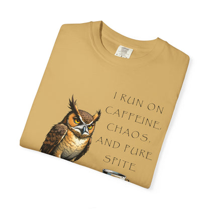 Owl & Coffee T‑Shirt — "I Run On Caffeine, Chaos, And Pure Spite" Graphic Tee
