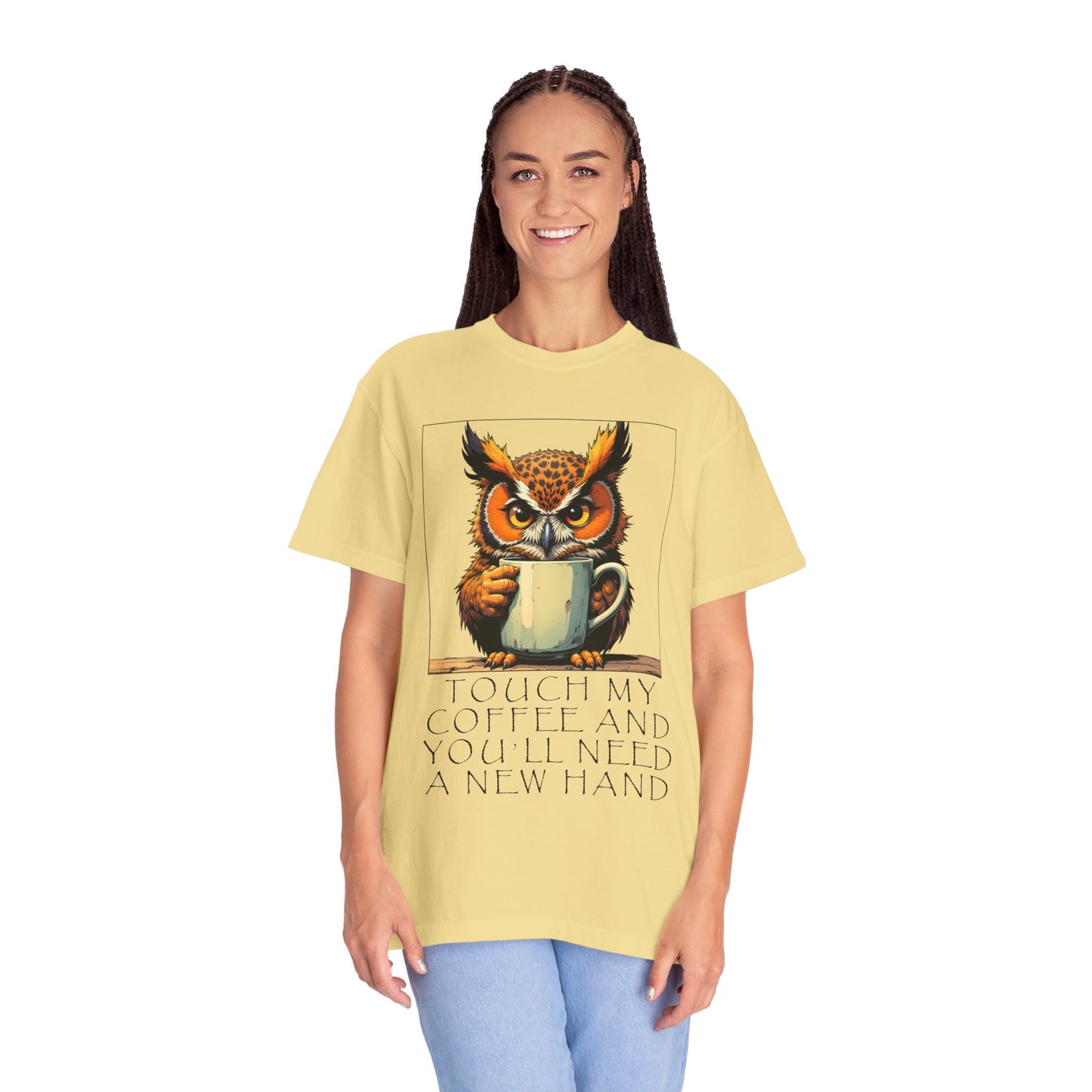 Coffee Owl T‑Shirt - "Touch My Coffee and You'll Need a New Hand" Graphic Tee