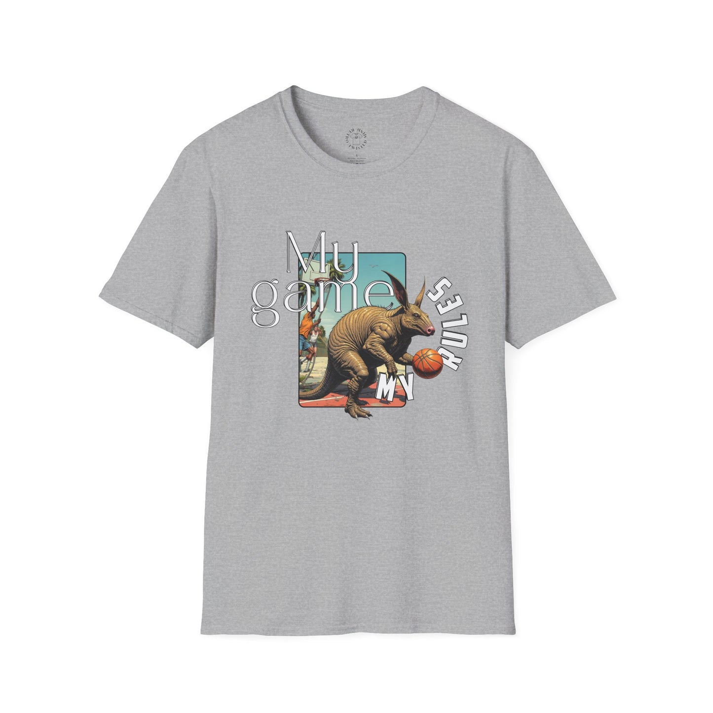 Retro Dinosaur Basketball T-Shirt - Fun Graphic Tee for Sport Enthusiasts, armadillo