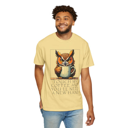 Coffee Owl T‑Shirt - "Touch My Coffee and You'll Need a New Hand" Graphic Tee