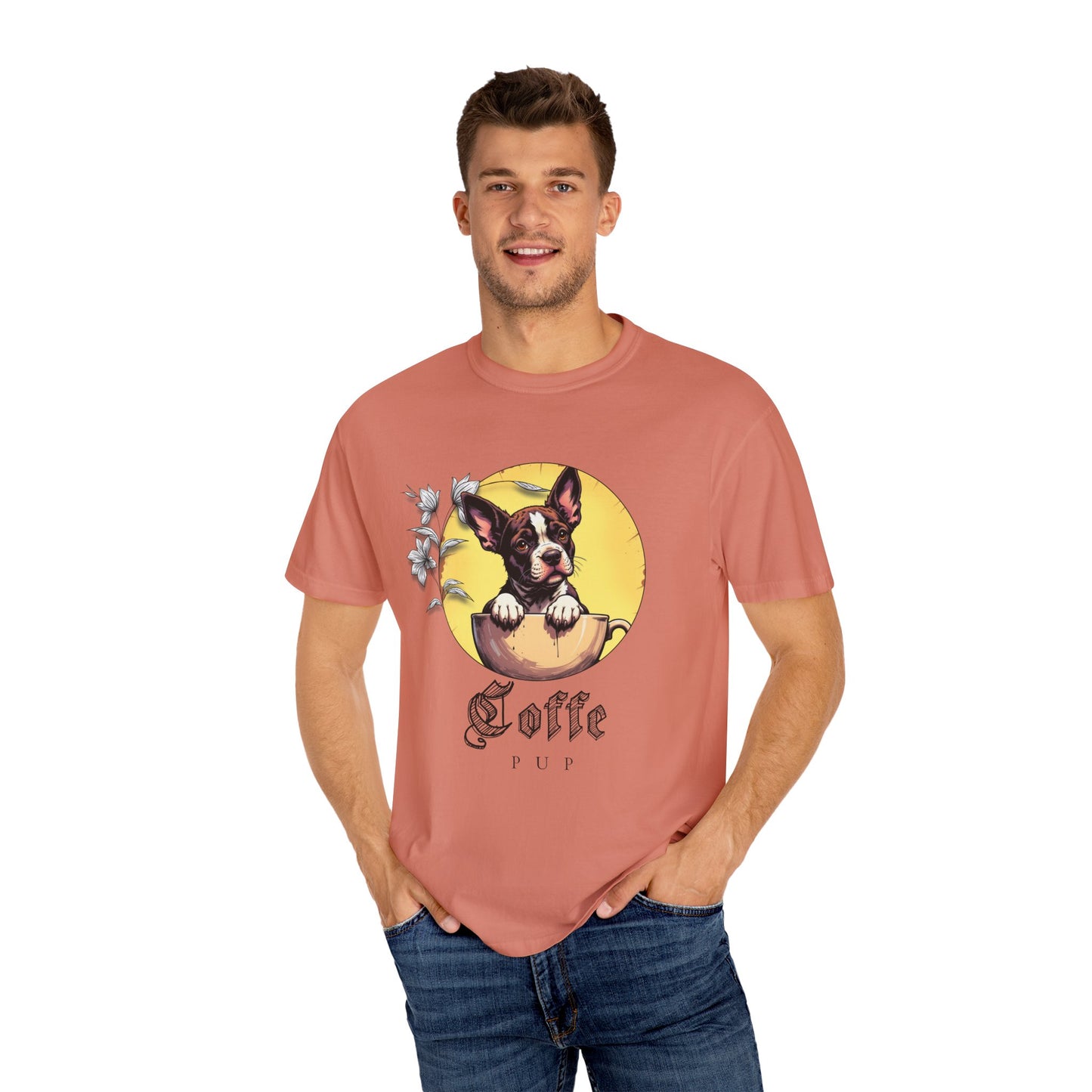 Coffee Pup Unisex Garment-Dyed T-shirt - Cute Dog Lovers Tee
