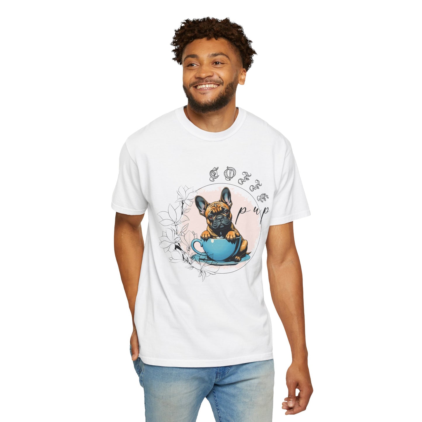 Cute French Bulldog Coffee T-Shirt - Unisex Garment-Dyed Tee