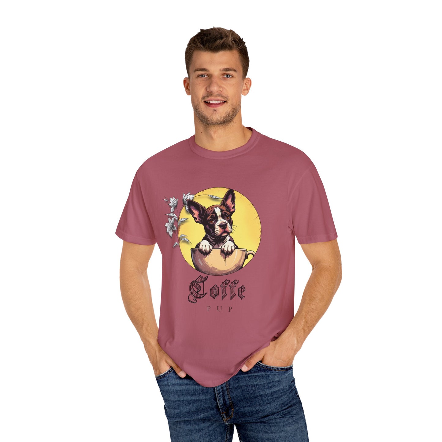Coffee Pup Unisex Garment-Dyed T-shirt - Cute Dog Lovers Tee