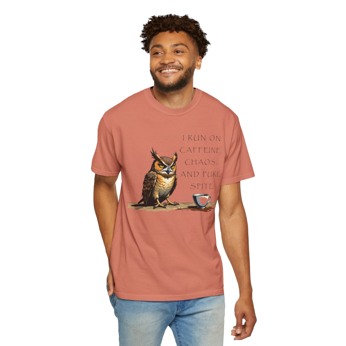 Owl & Coffee T‑Shirt — "I Run On Caffeine, Chaos, And Pure Spite" Graphic Tee