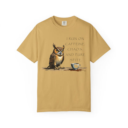 Owl & Coffee T‑Shirt — "I Run On Caffeine, Chaos, And Pure Spite" Graphic Tee