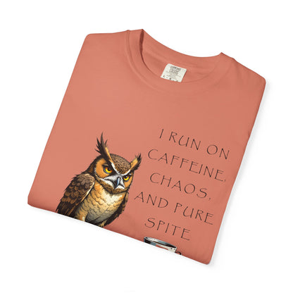 Owl & Coffee T‑Shirt — "I Run On Caffeine, Chaos, And Pure Spite" Graphic Tee
