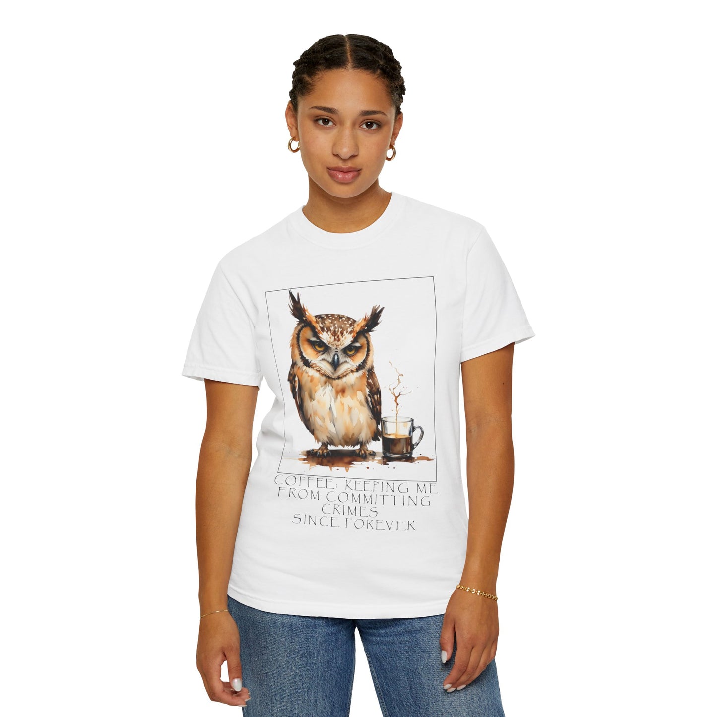 Owl Coffee Illustration T‑Shirt — 'Coffee First, Commit Later' Graphic Tee