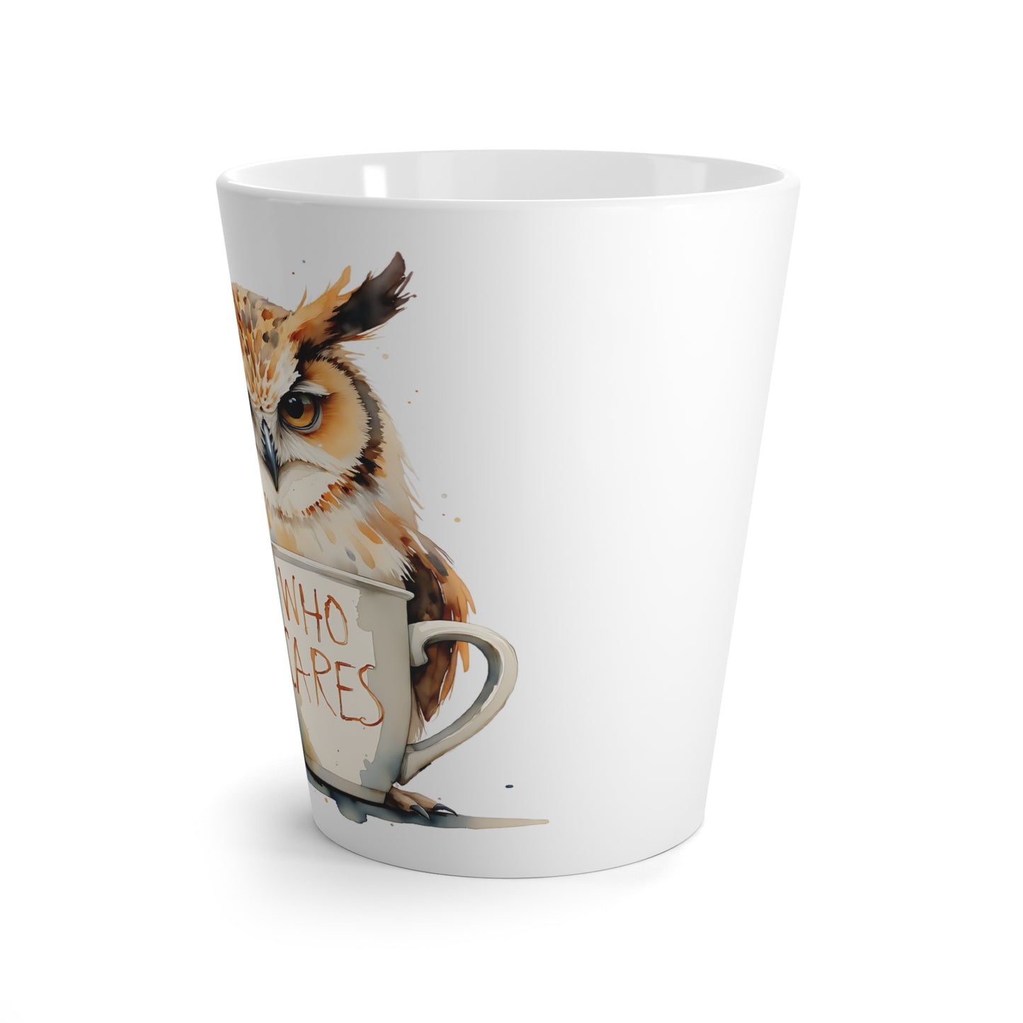 Grumpy Owl Holding 'Who Cares' Latte Mug | Ceramic Coffee Cup