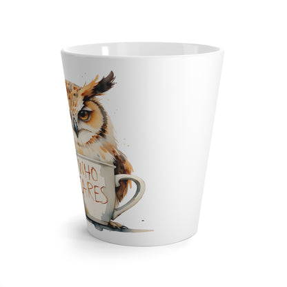 Grumpy Owl Holding 'Who Cares' Latte Mug | Ceramic Coffee Cup
