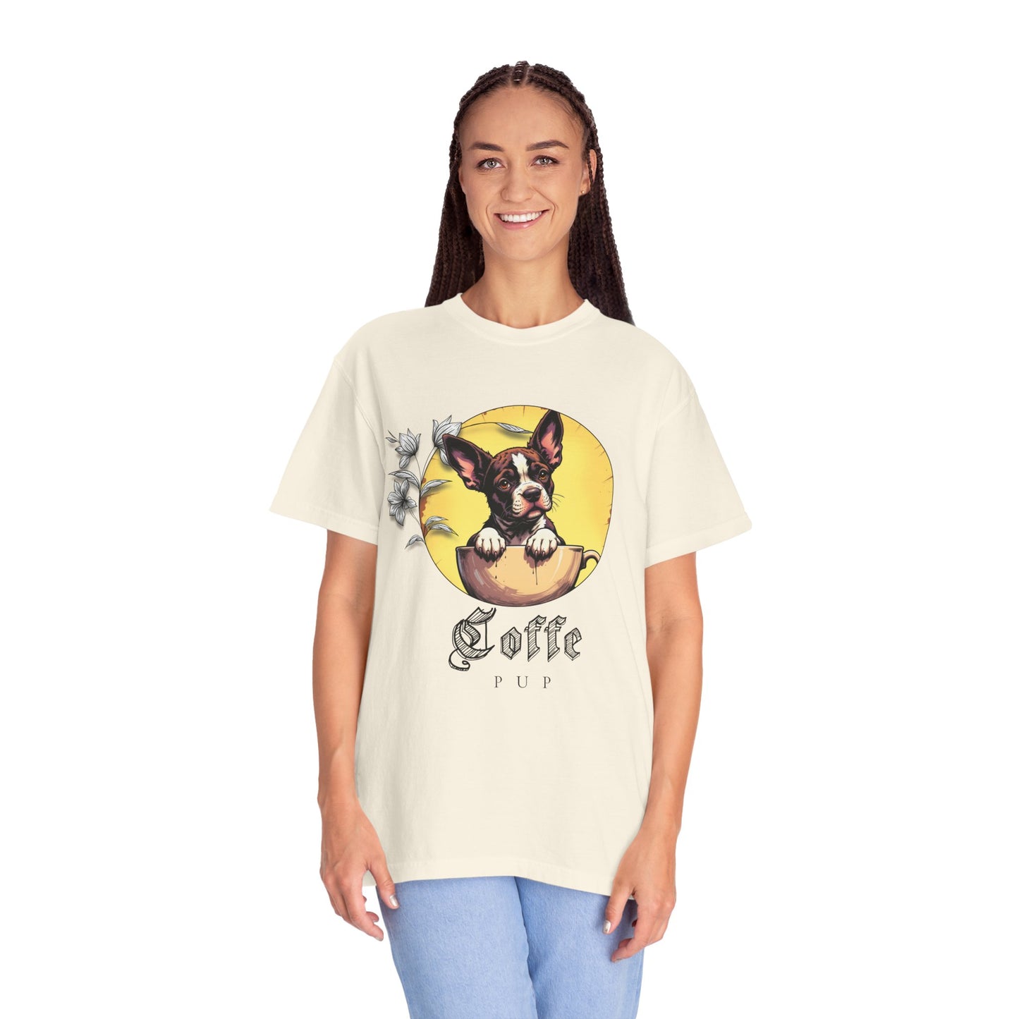 Coffee Pup Unisex Garment-Dyed T-shirt - Cute Dog Lovers Tee