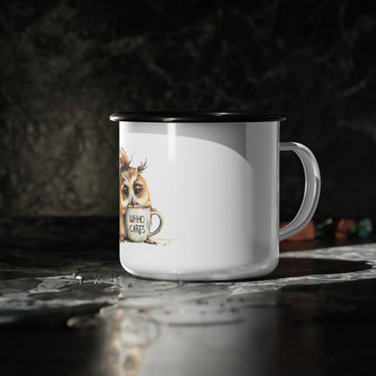 Grumpy Owl Holding Mug Enamel Camp Cup | Who Cares Coffee Illustration