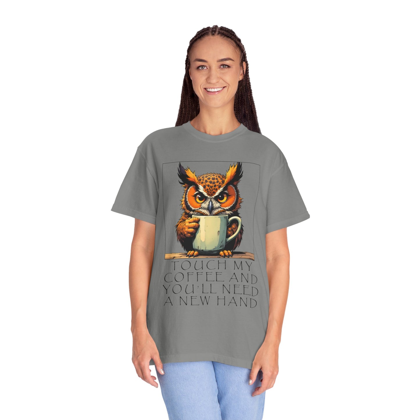 Coffee Owl T‑Shirt - "Touch My Coffee and You'll Need a New Hand" Graphic Tee