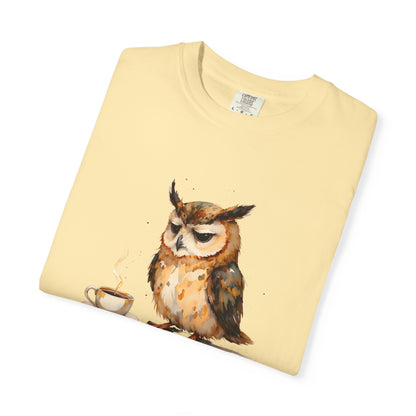 Owl Tea Graphic T-Shirt — “Decaf? Of Course I Mean Half‑Caf With Water”