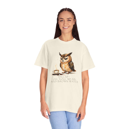 Owl Tea Graphic T-Shirt — “Decaf? Of Course I Mean Half‑Caf With Water”