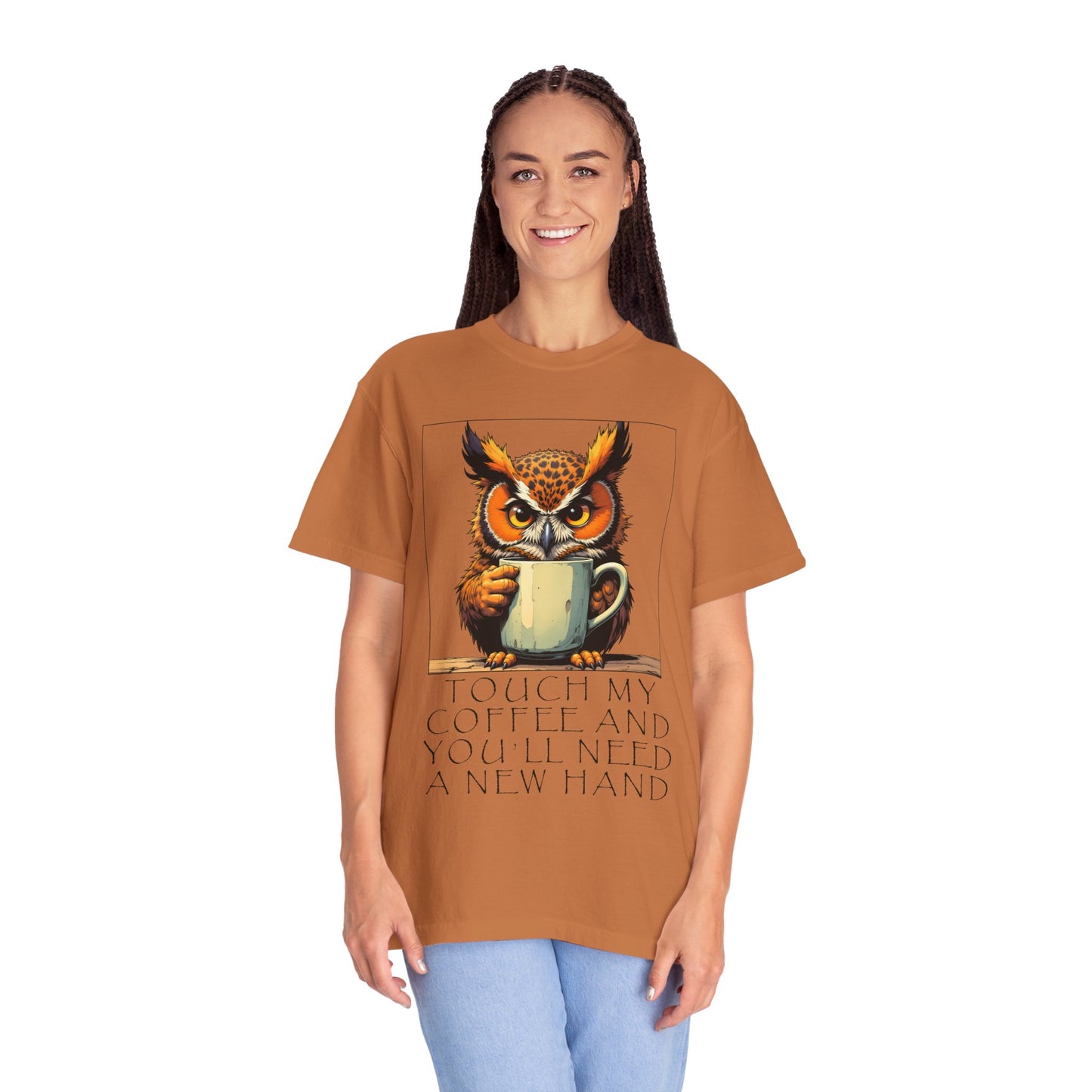 Coffee Owl T‑Shirt - "Touch My Coffee and You'll Need a New Hand" Graphic Tee