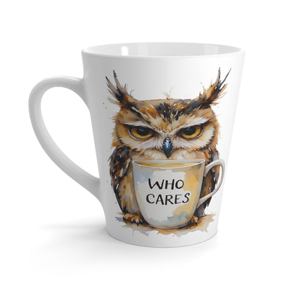 Grumpy Owl with 'Who Cares' Latte Mug | Whimsical Coffee Cup