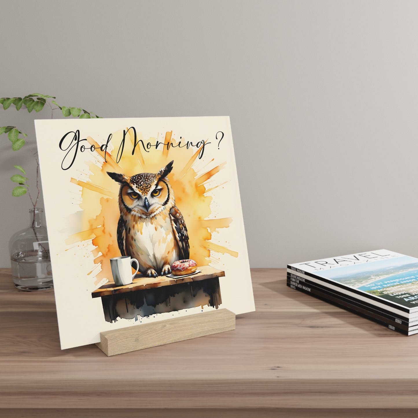 Good Morning? Owl Gallery Board with Stand — Whimsical Coffee & Donut Morning Decor