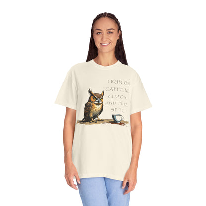 Owl & Coffee T‑Shirt — "I Run On Caffeine, Chaos, And Pure Spite" Graphic Tee