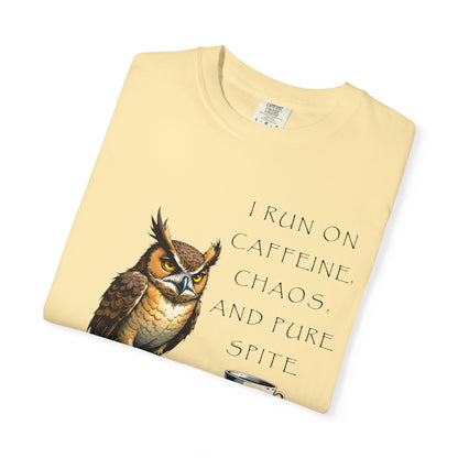 Owl & Coffee T‑Shirt — "I Run On Caffeine, Chaos, And Pure Spite" Graphic Tee