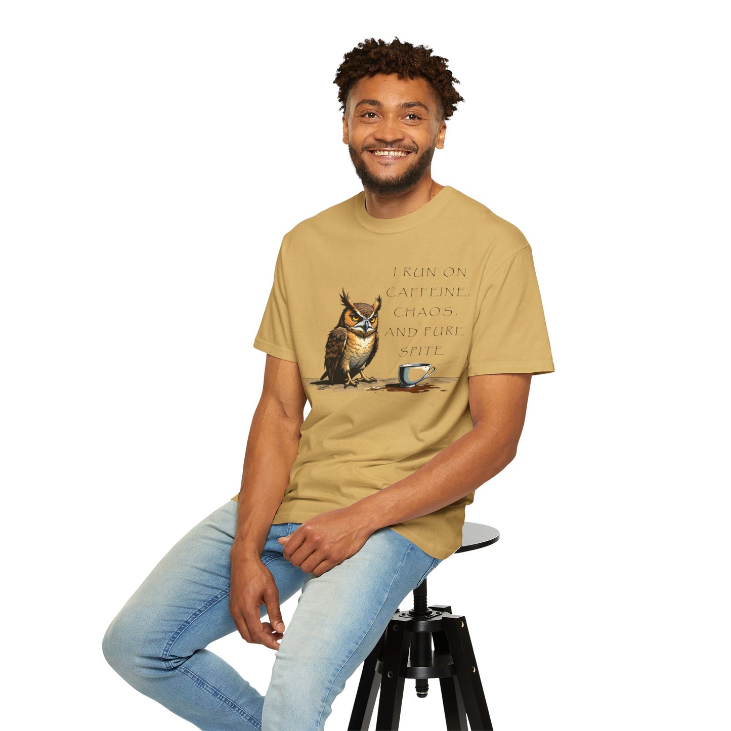 Owl & Coffee T‑Shirt — "I Run On Caffeine, Chaos, And Pure Spite" Graphic Tee