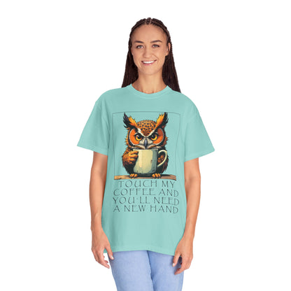 Coffee Owl T‑Shirt - "Touch My Coffee and You'll Need a New Hand" Graphic Tee