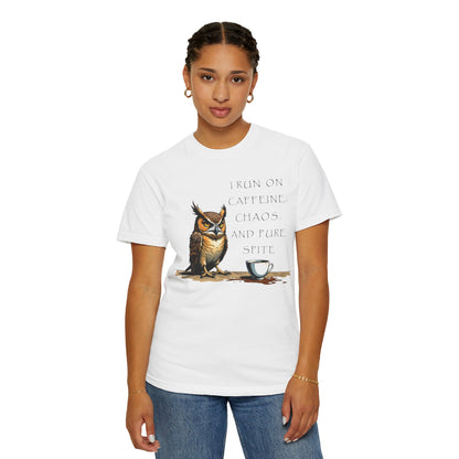 Owl & Coffee T‑Shirt — "I Run On Caffeine, Chaos, And Pure Spite" Graphic Tee