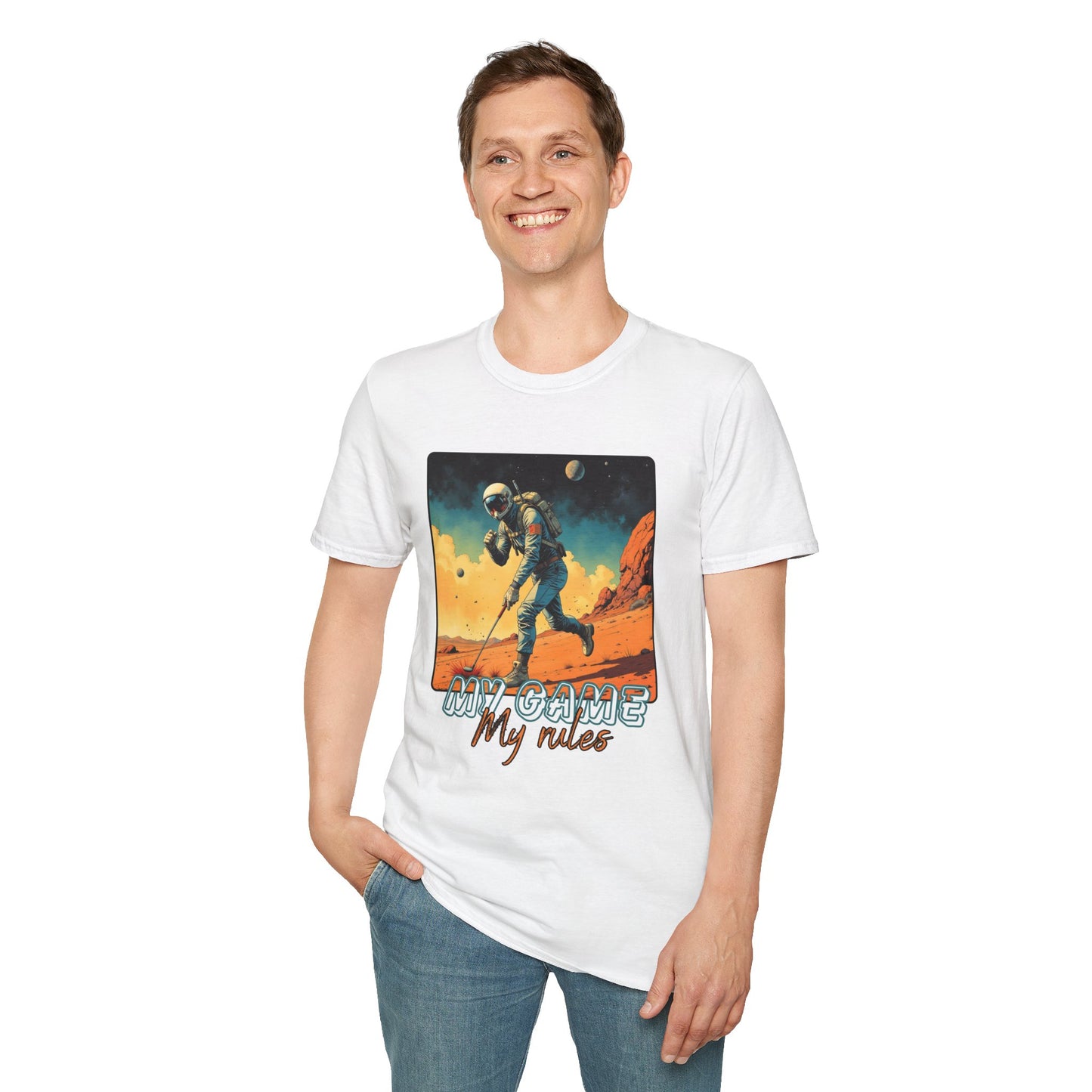 Vintage Space Explorer T-Shirt - 'My Game My Rules' golf, moon,sport