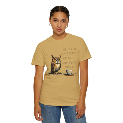 Owl & Coffee T‑Shirt — "I Run On Caffeine, Chaos, And Pure Spite" Graphic Tee