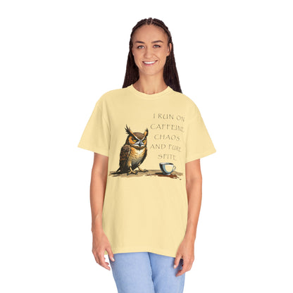 Owl & Coffee T‑Shirt — "I Run On Caffeine, Chaos, And Pure Spite" Graphic Tee