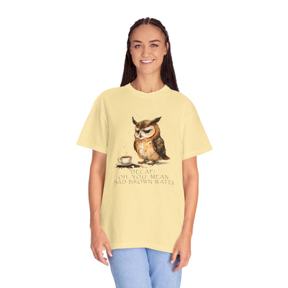 Owl Tea Graphic T-Shirt — “Decaf? Of Course I Mean Half‑Caf With Water”