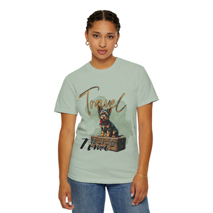 Travel Time Unisex Garment-Dyed T-Shirt with Dog Design