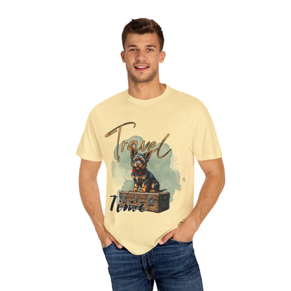 Travel Time Unisex Garment-Dyed T-Shirt with Dog Design