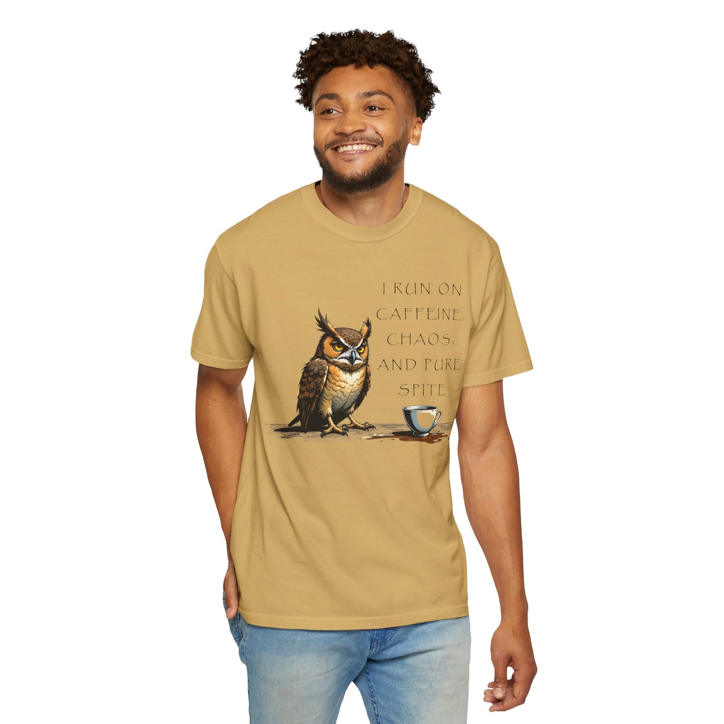 Owl & Coffee T‑Shirt — "I Run On Caffeine, Chaos, And Pure Spite" Graphic Tee